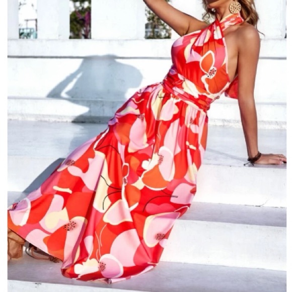 Boho floral print halter  maxi dress - Picture 7 of 8